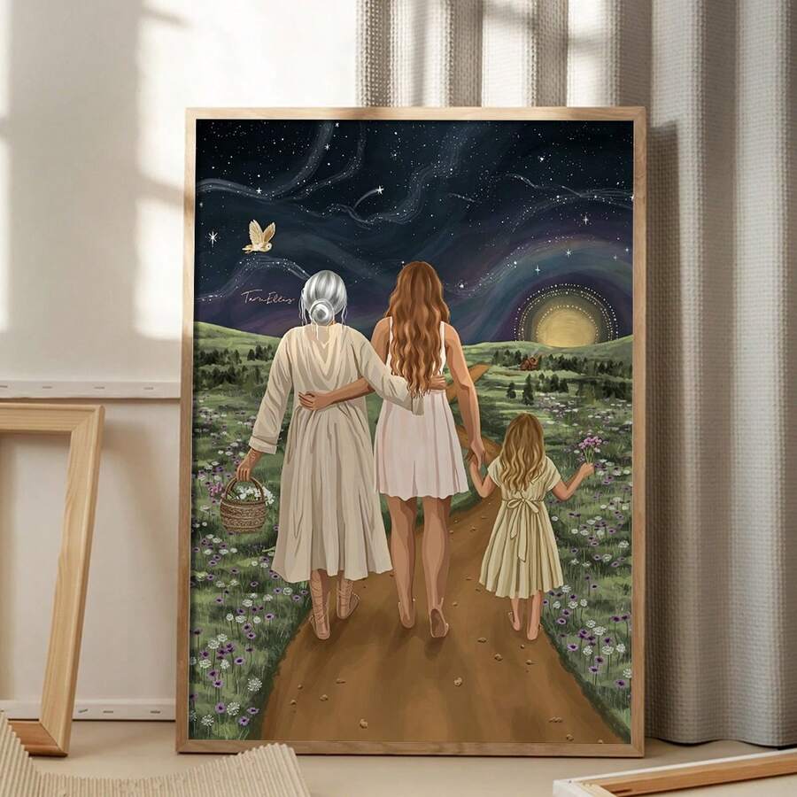 Hand-drawn family canvas poster framed beside soft curtains and books