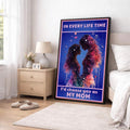 Mother and child galaxy poster leaning beside a bed in a bright neutral bedroom