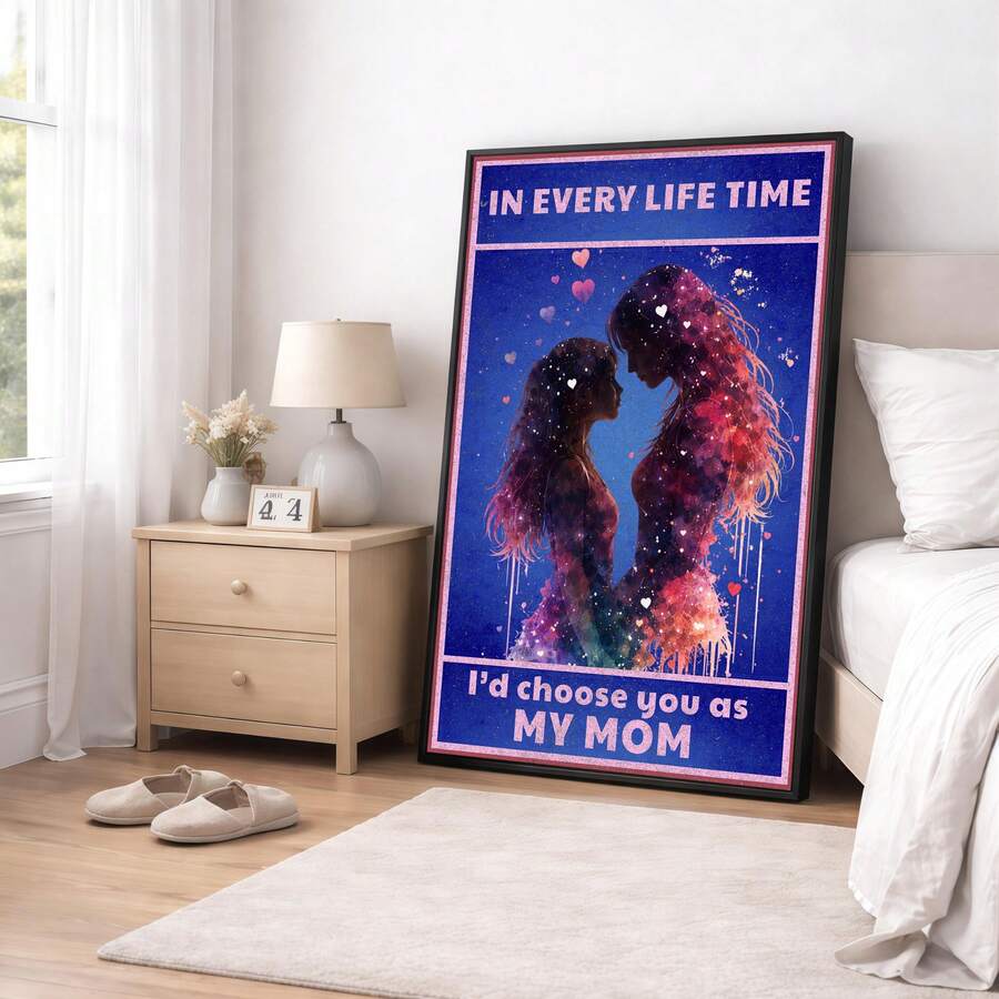 Mother and child galaxy poster leaning beside a bed in a bright neutral bedroom