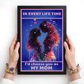 Close-up of pink “I’d choose you as MY MOM” lettering and galaxy-painted mother and child