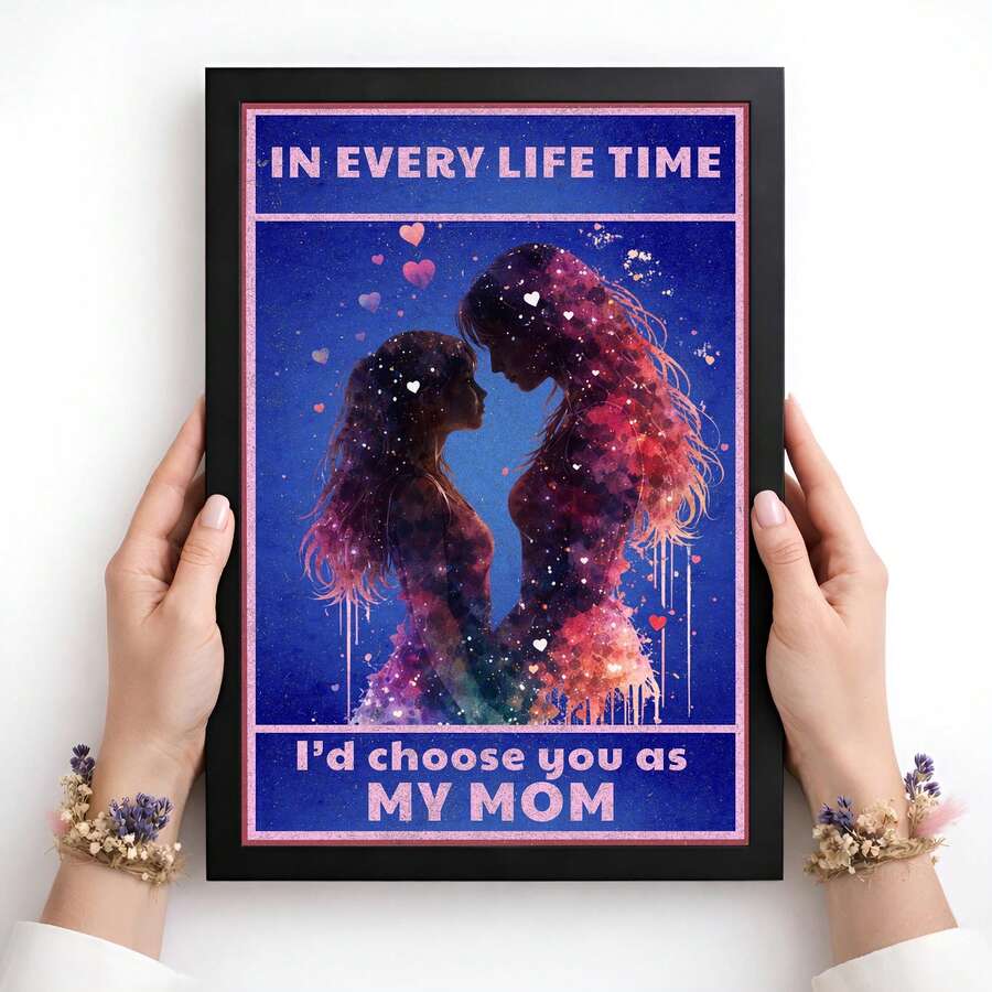 Close-up of pink “I’d choose you as MY MOM” lettering and galaxy-painted mother and child