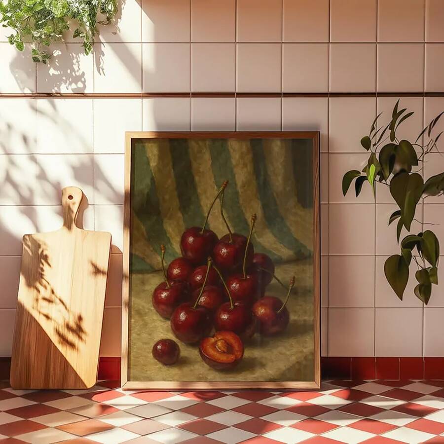 Framed still-life poster of glossy red cherries and a cut cherry on an olive-brown ground