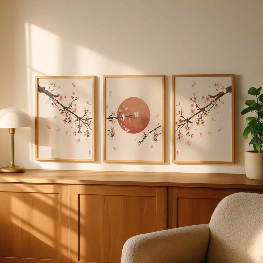 3pcs Japanese Cherry Blossom Watercolor Sakura Canvas Poster Set 