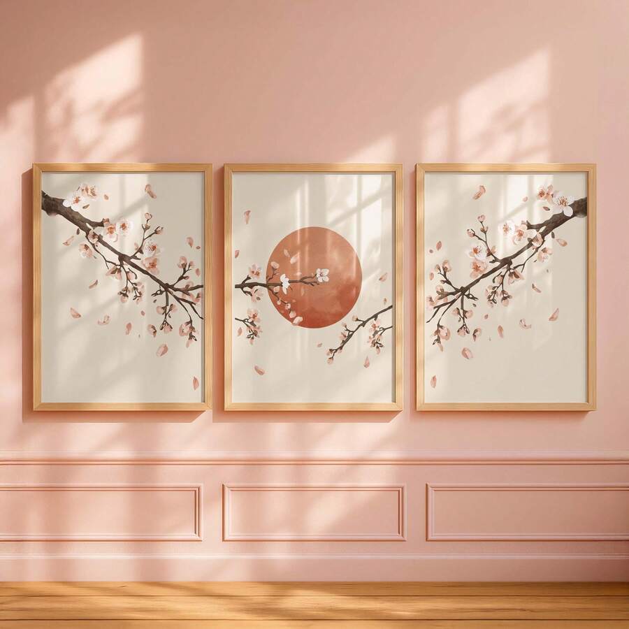 3pcs Japanese Cherry Blossom Watercolor Sakura Canvas Poster Set 