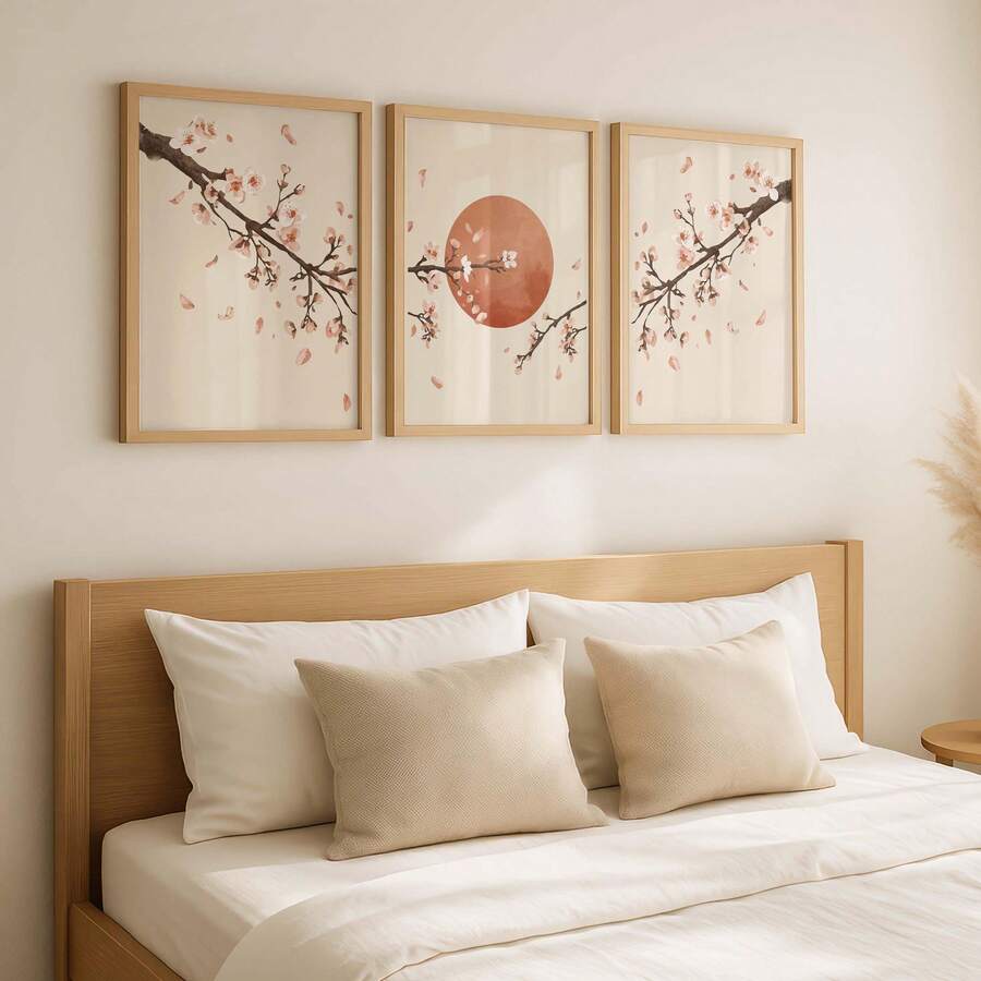 3pcs Japanese Cherry Blossom Watercolor Sakura Canvas Poster Set 