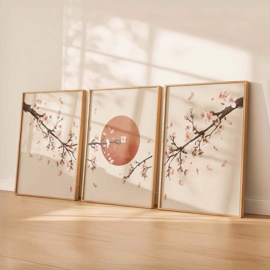 3pcs Japanese Cherry Blossom Watercolor Sakura Canvas Poster Set 