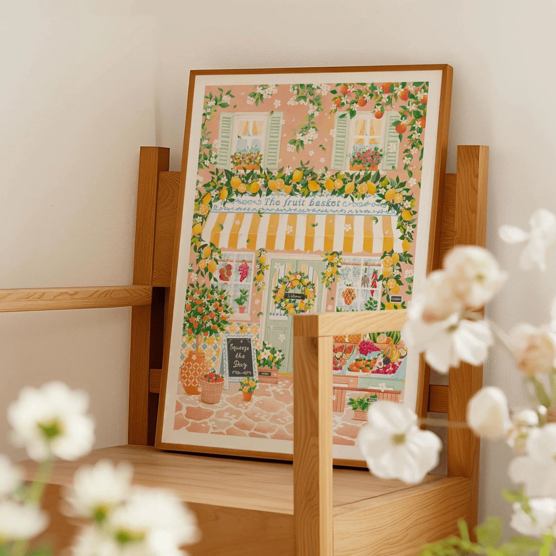 Mediterranean fruit market canvas poster styled with wildflowers
