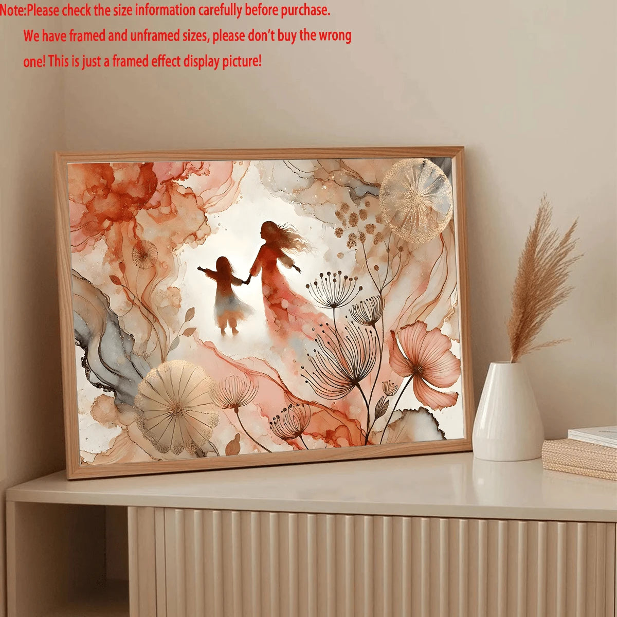 Framed floral mother-daughter canvas displayed in a bright paneled room