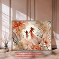 Mother and daughter flower canvas above a dark console with neutral decor