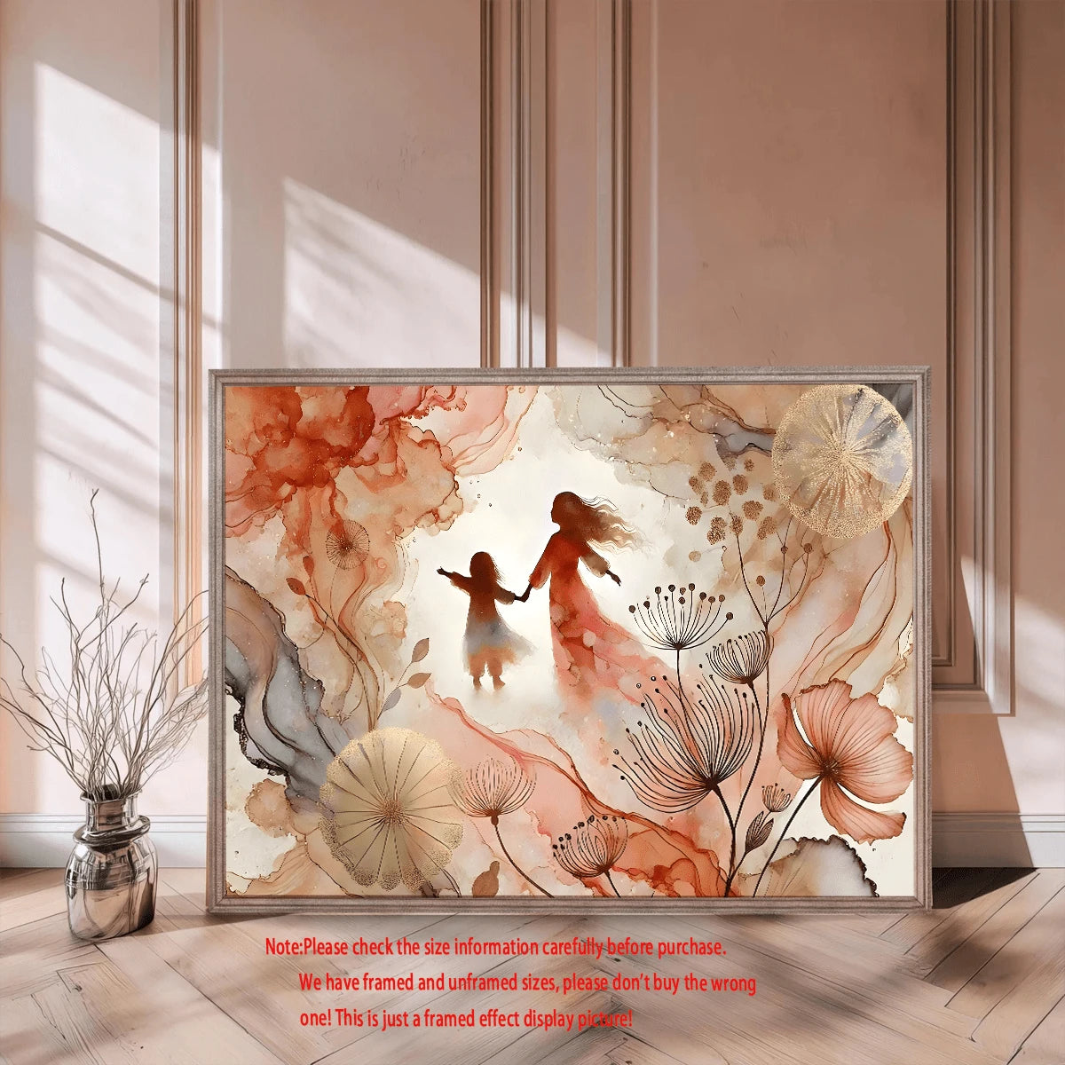 Mother and daughter flower canvas above a dark console with neutral decor