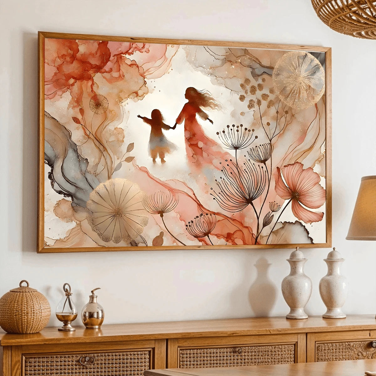 Mother-daughter watercolor print shown with a warm frame effect