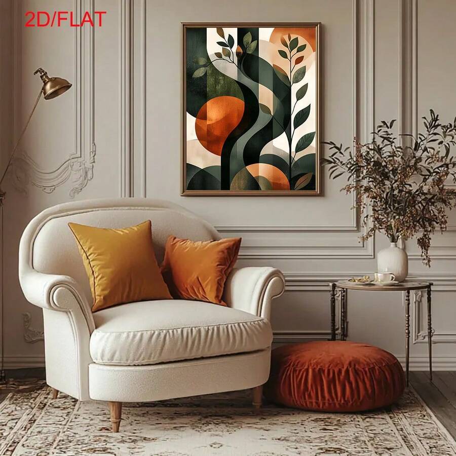 Earthy green and rust abstract leaf canvas above a cream living-room chair