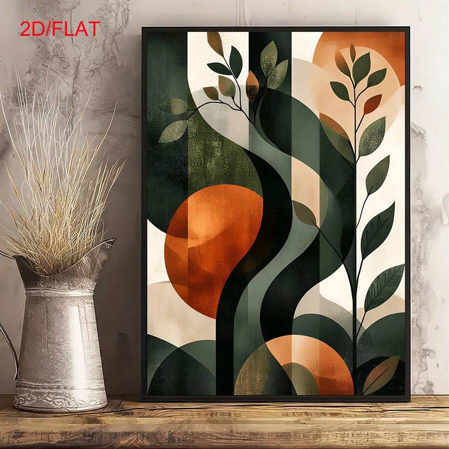 Close view of forest-green leaves and overlapping cream and rust geometric shapes in a black frame