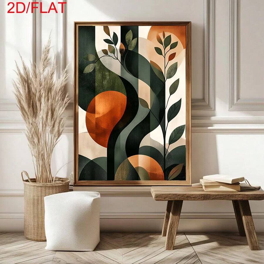 Framed botanical geometric print beside dried grasses on a light console table