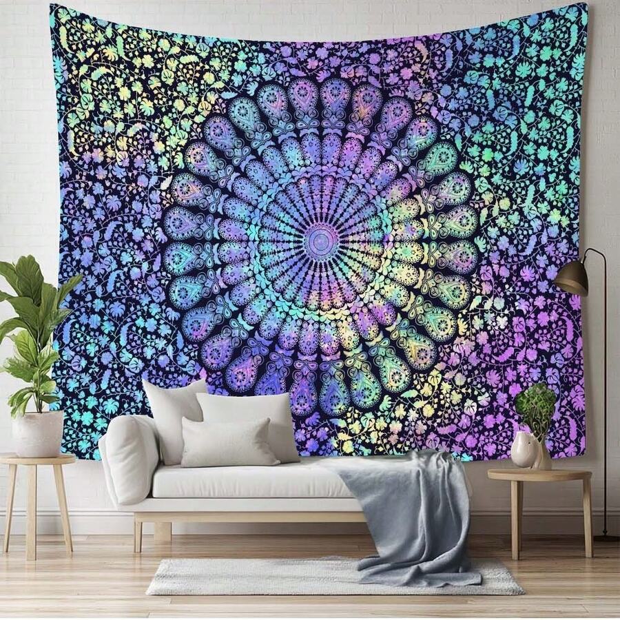 Rainbow pastel mandala tapestry behind white daybed