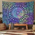 Rainbow pastel floral mandala tapestry above wood bench in boho room