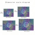 Size chart for rainbow pastel mandala tapestry showing four cm sizes