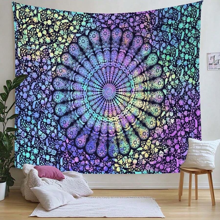 Rainbow pastel mandala tapestry hanging in bedroom lounge corner