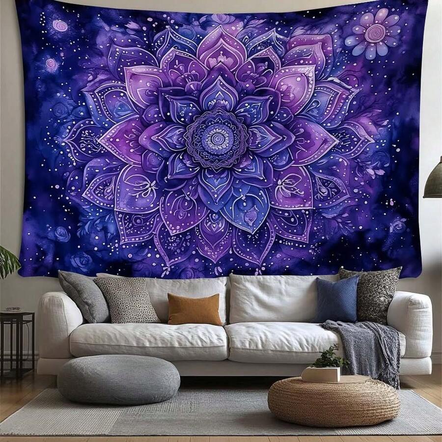 Polyester woven wall tapestry with ornate mandala home accent design
