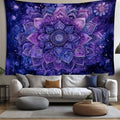 Purple lotus mandala tapestry above white sofa
