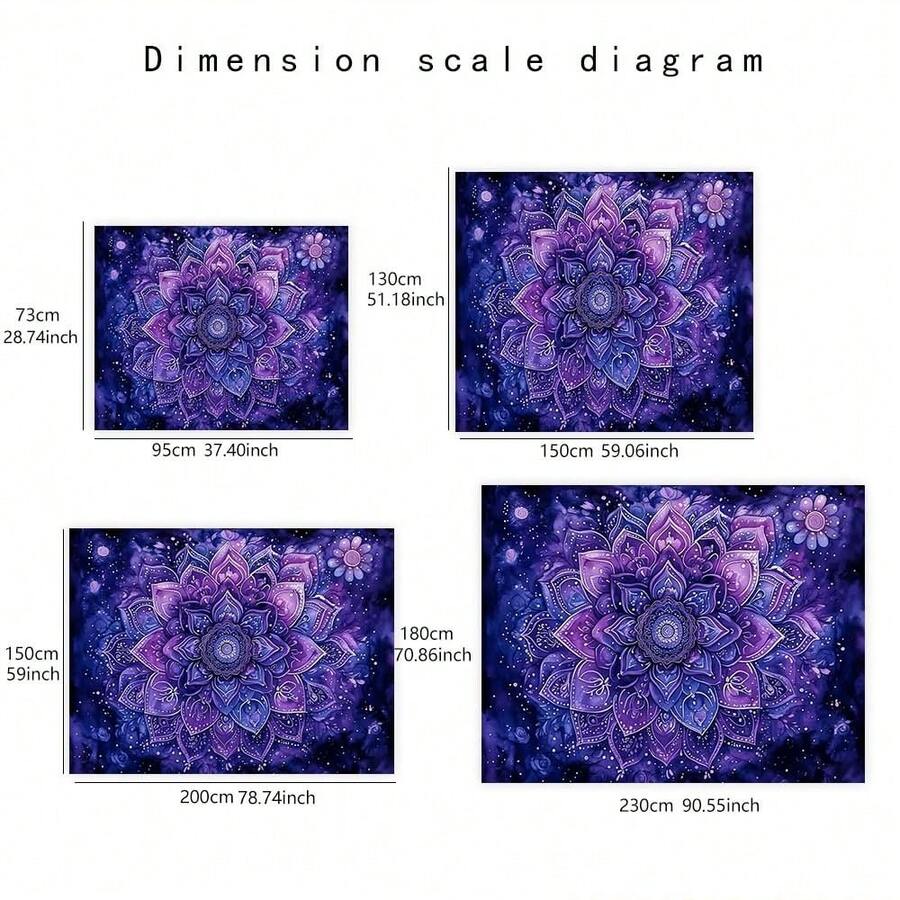 Size chart for purple lotus mandala tapestry showing four cm sizes