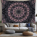 Living room tapestry accent with peacock inspired boho artwork