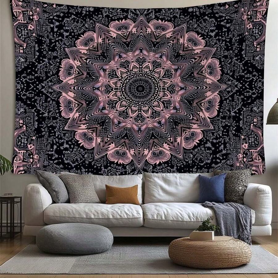 Living room tapestry accent with peacock inspired boho artwork