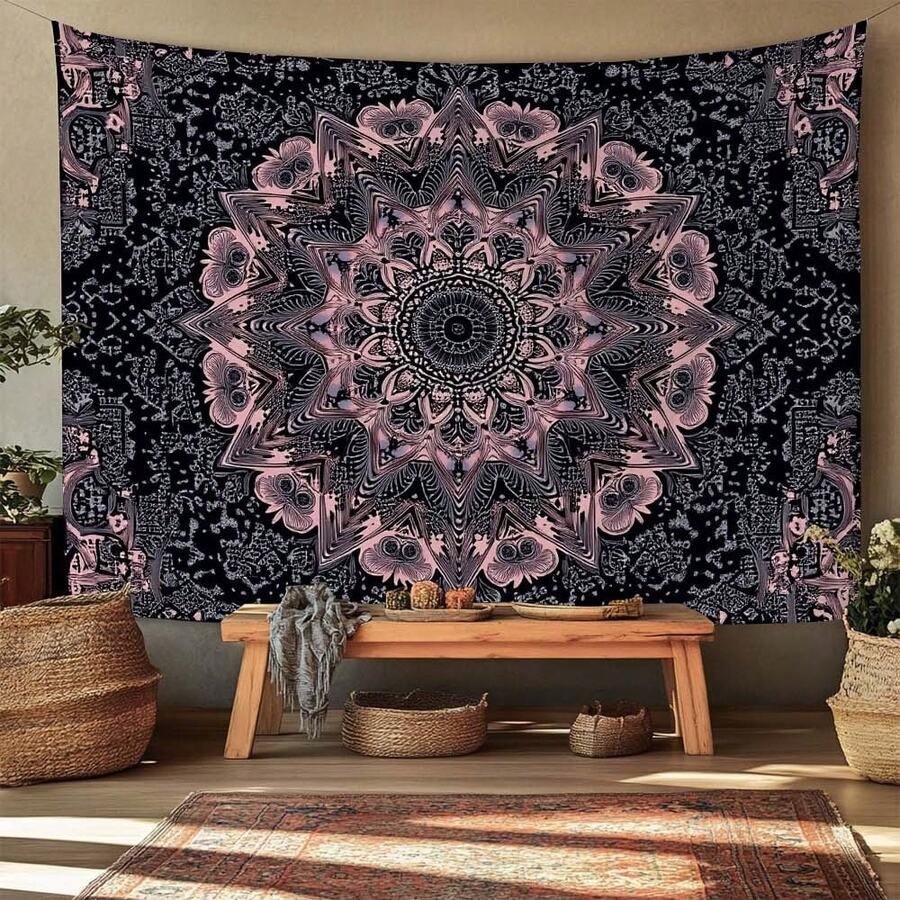 Bedroom wall tapestry with colorful graphic mandala pattern
