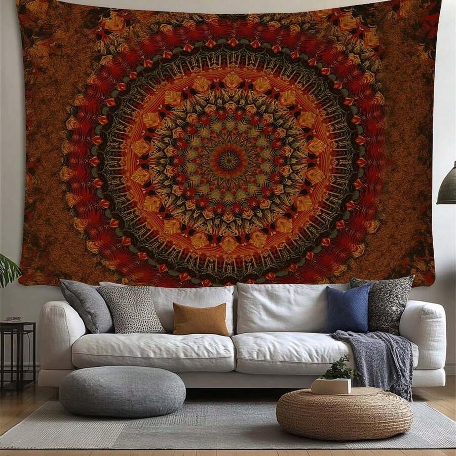 Rust orange mandala tapestry above white sofa