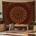 Rust orange mandala tapestry above wood bench in boho room