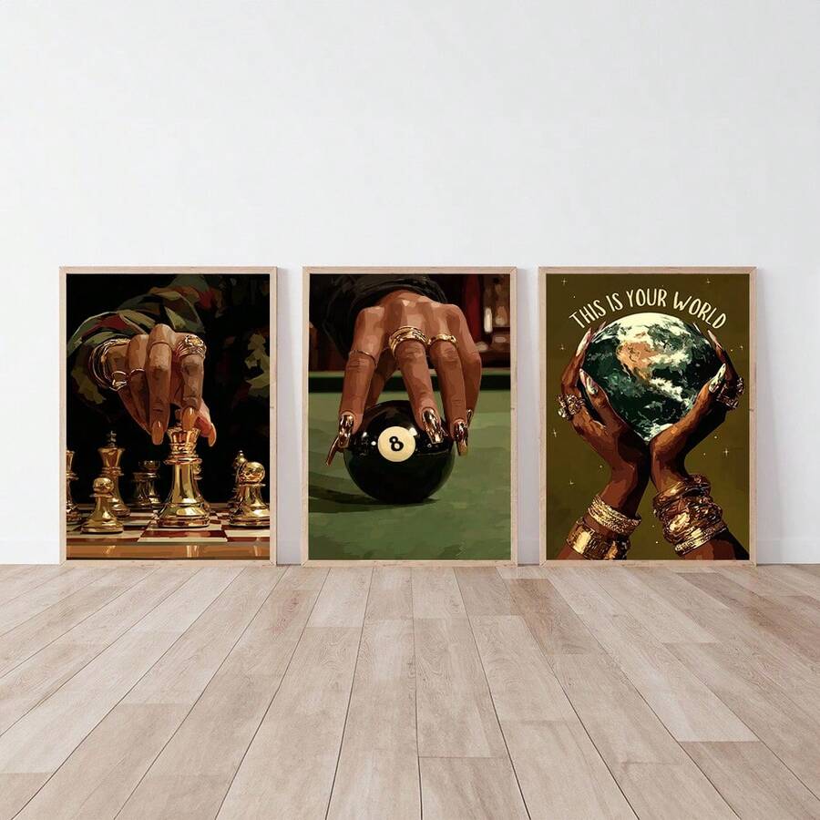 Afrocentric black woman canvas wall art set with gold jewelry and game motifs