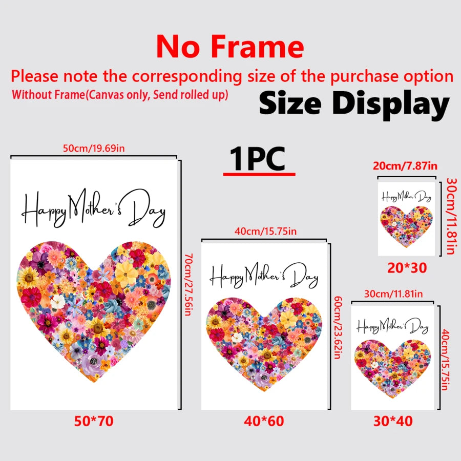 Size guide for unframed Happy Mother’s Day floral heart canvas poster