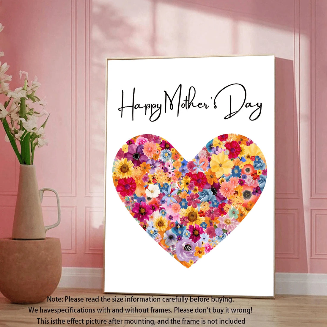 Framed Happy Mother’s Day floral heart canvas poster in a colorful lounge