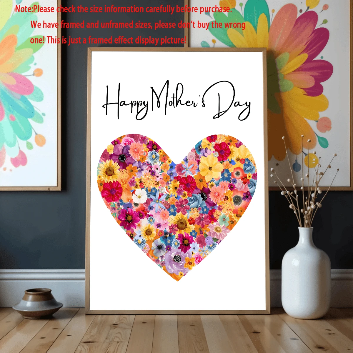Mother’s Day floral heart poster displayed with modern wall art