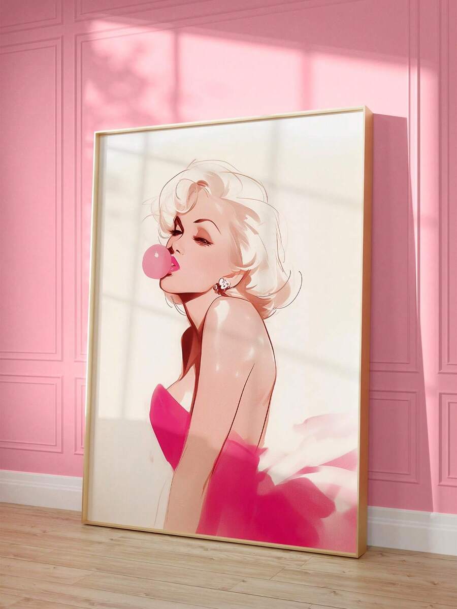 Pink bubblegum wall art with retro blonde woman