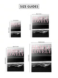 Size guide showing four dimensions for the pink-lettered black-and-white racing poster