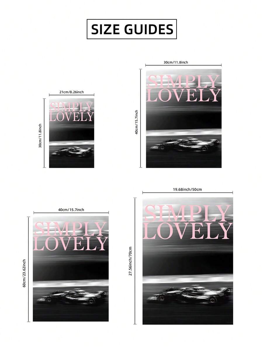 Size guide showing four dimensions for the pink-lettered black-and-white racing poster