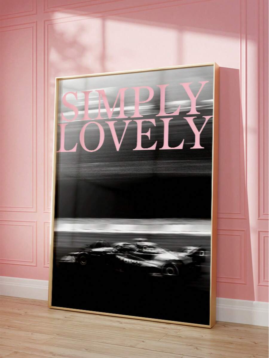 Pink Simply Lovely racing poster with motion-blurred car displayed against a paneled wall
