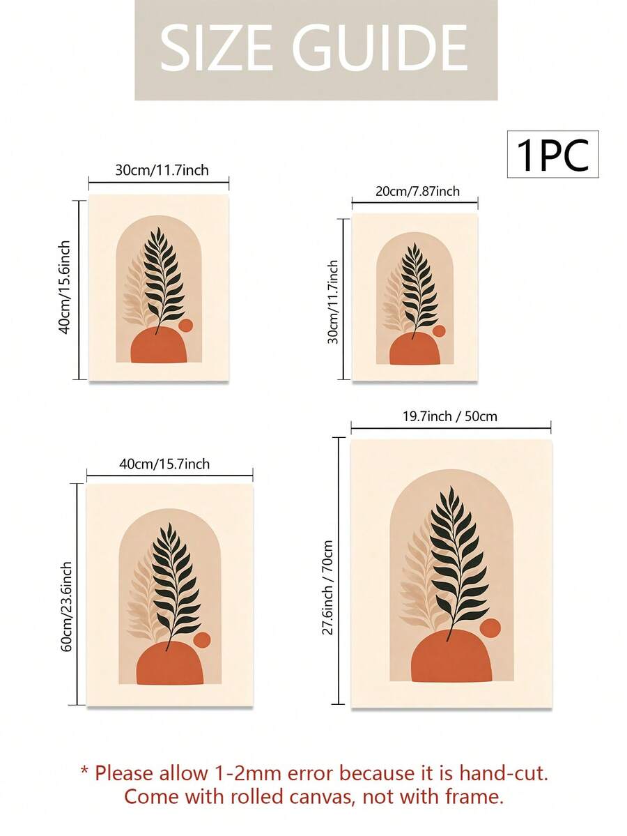 Unframed fern canvas size guide showing four dimensions