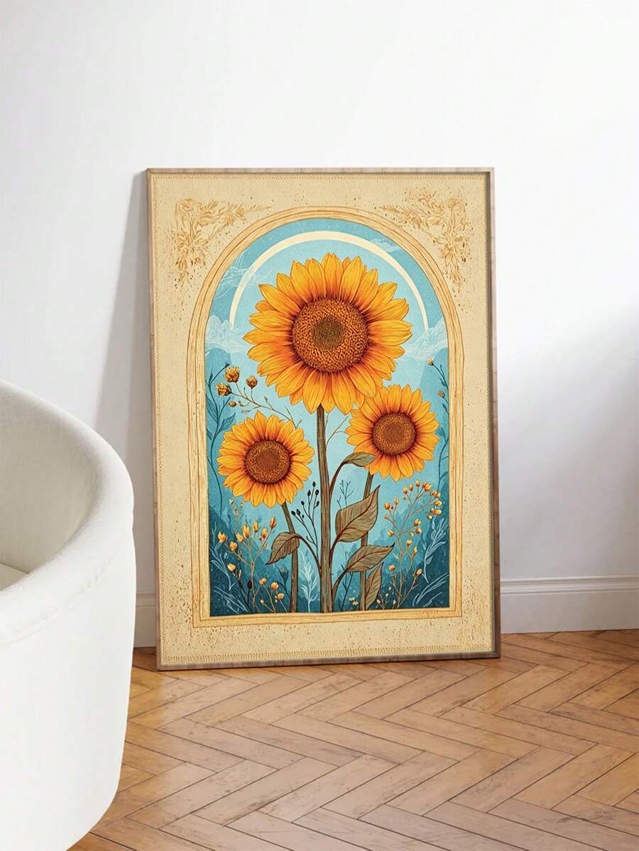 Sunflower canvas poster styled in a bright room beside a white chair