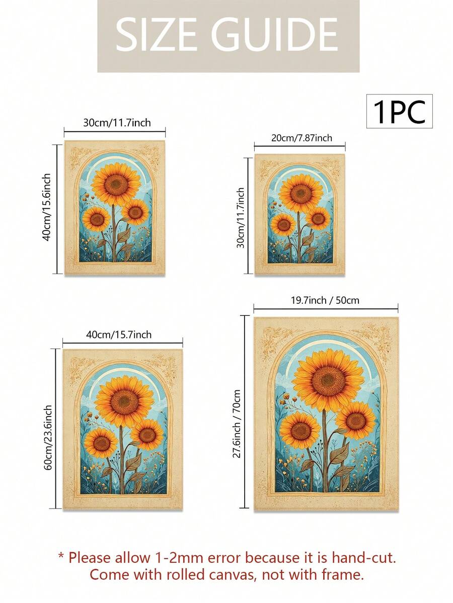 Size guide showing sunflower canvas sizes from 20 by 30 to 50 by 70 cm