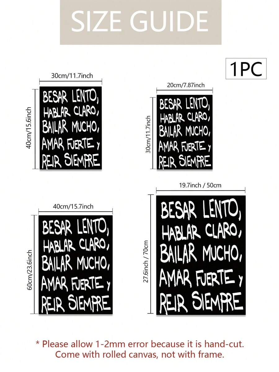 Size guide for one Spanish quote canvas in four portrait dimensions