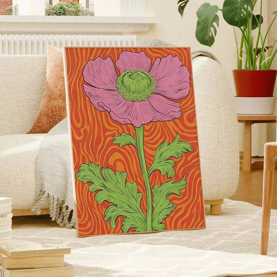 Retro Color-Blocked Pink Floral Line Art Canvas Poster 
