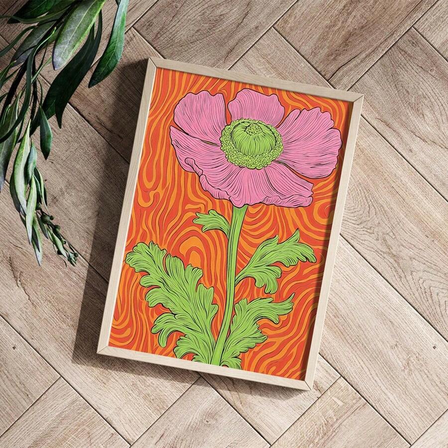 Retro Color-Blocked Pink Floral Line Art Canvas Poster 
