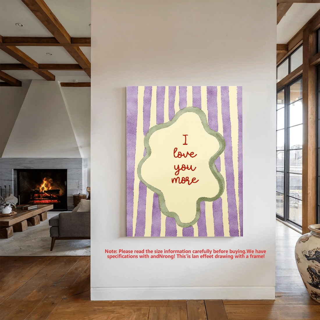 Purple striped watercolor poster with red I love you more lettering and sage outline
