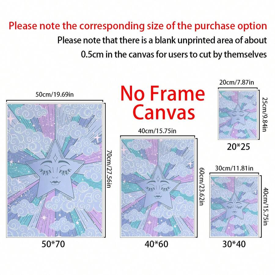 Unframed canvas size guide showing celestial star artwork in several dimensions