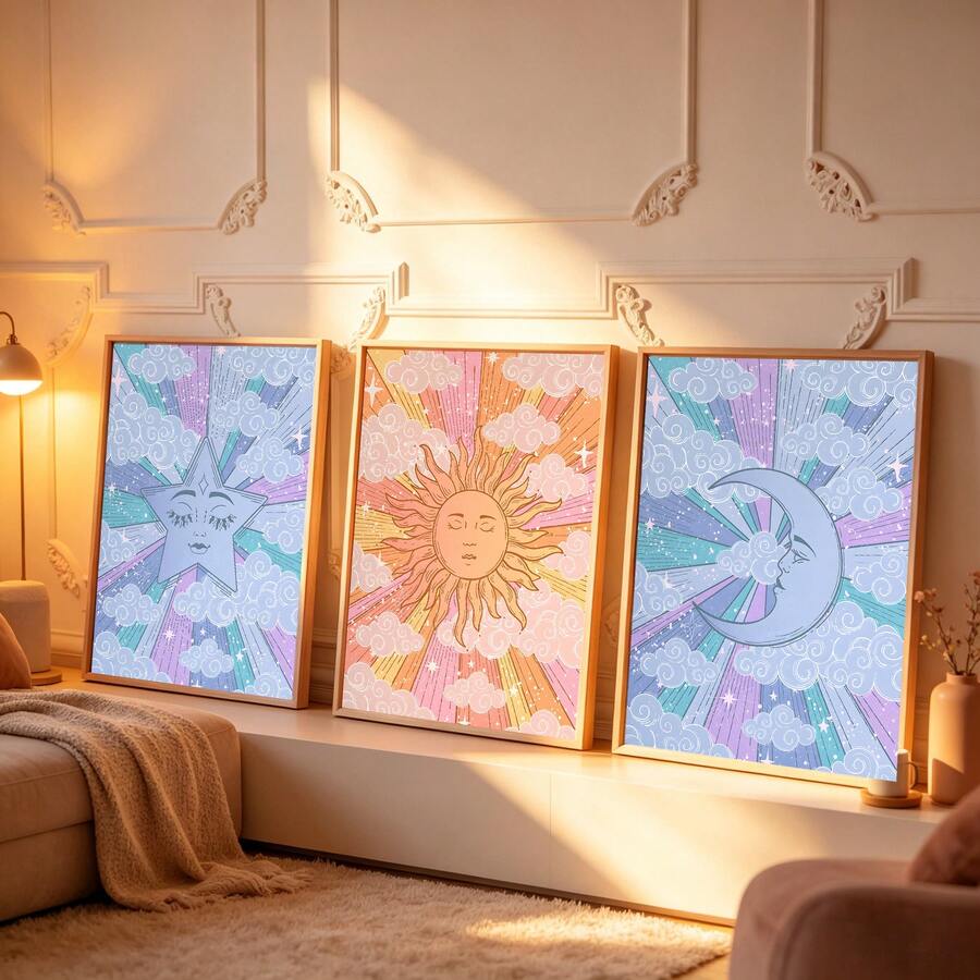 Framed sun moon and star poster set styled beside a cozy bedroom