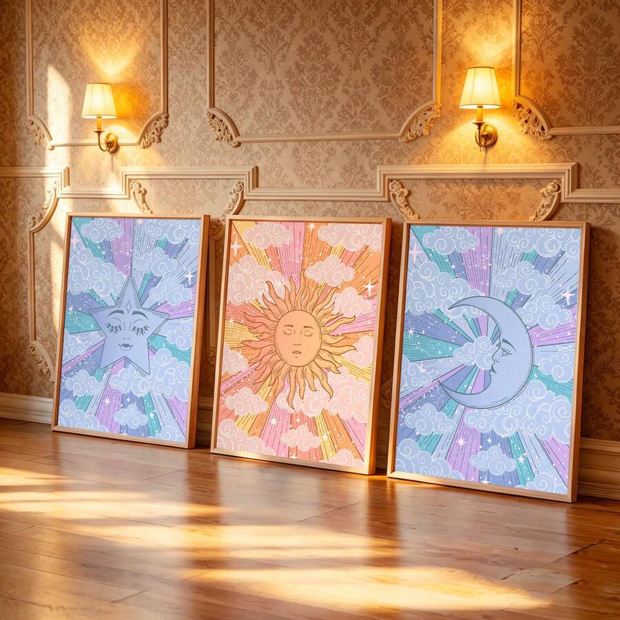 Pastel star sun and moon canvas prints displayed together against an ornate warm wall