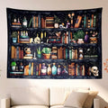 Dark bookshelf tapestry above sofa with books skulls candles potion bottles and plants