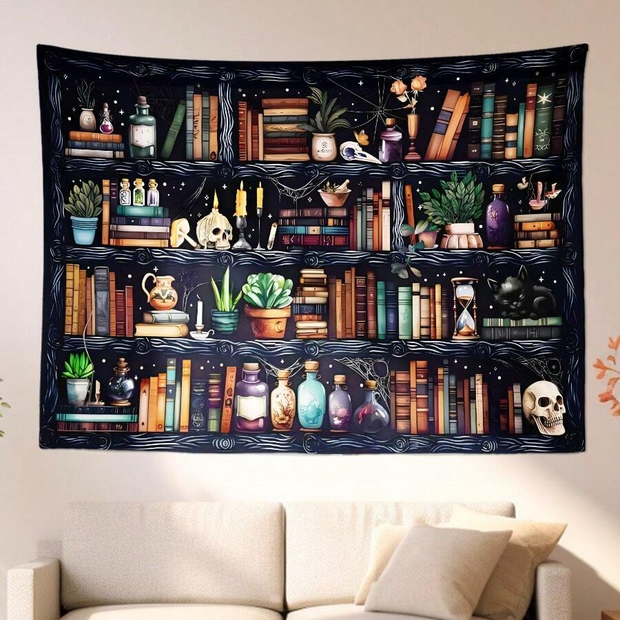 Dark bookshelf tapestry above sofa with books skulls candles potion bottles and plants